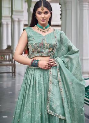 Light Turquoise Color Thread Embroidery With Sequin Work Gold Crush Silk Lehenga Choli Set 1