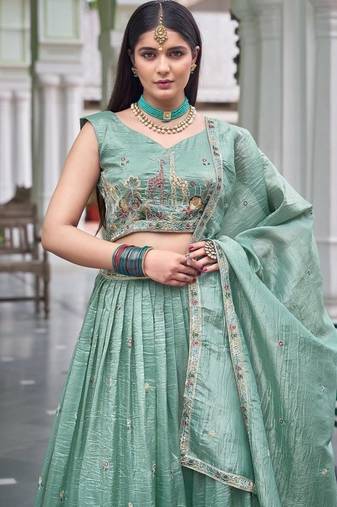 Light Turquoise Color Thread Embroidery With Sequin Work Gold Crush Silk Lehenga Choli Set