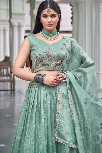 Light Turquoise Color Thread Embroidery With Sequin Work Gold Crush Silk Lehenga Choli Set