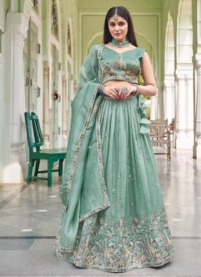 Light Turquoise Color Thread Embroidery With Sequin Work Gold Crush Silk Lehenga Choli Set 3