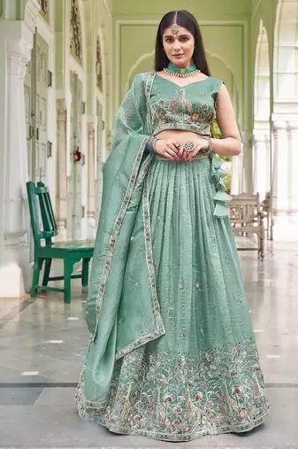 Light Turquoise Color Thread Embroidery With Sequin Work Gold Crush Silk Lehenga Choli Set