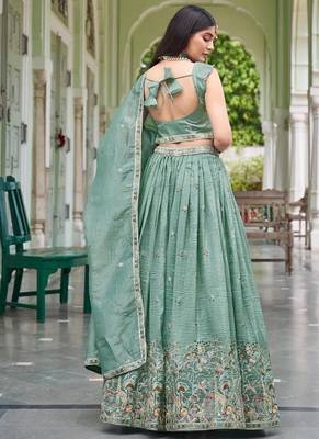 Light Turquoise Color Thread Embroidery With Sequin Work Gold Crush Silk Lehenga Choli Set 4