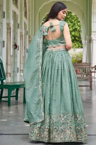Light Turquoise Color Thread Embroidery With Sequin Work Gold Crush Silk Lehenga Choli Set