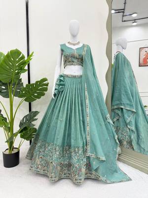 Light Turquoise Color Thread Embroidery With Sequin Work Gold Crush Silk Lehenga Choli Set 5