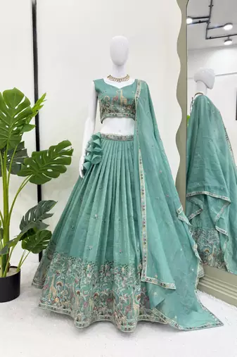 Light Turquoise Color Thread Embroidery With Sequin Work Gold Crush Silk Lehenga Choli Set