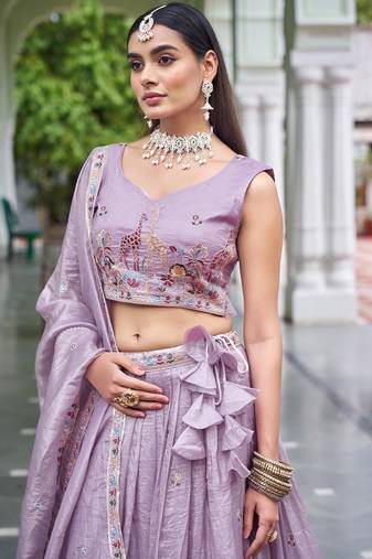 Lavender Color Thread Embroidery With Sequin Work Gold Crush Silk Lehenga Choli Set