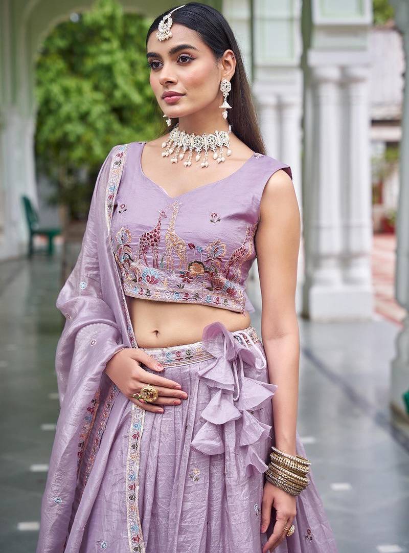 Lavender Color Thread Embroidery With Sequin Work Gold Crush Silk Lehenga Choli Set