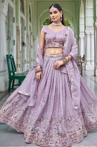 Lavender Color Thread Embroidery With Sequin Work Gold Crush Silk Lehenga Choli Set
