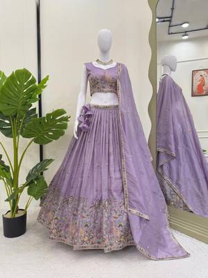 Lavender Color Thread Embroidery With Sequin Work Gold Crush Silk Lehenga Choli Set 5