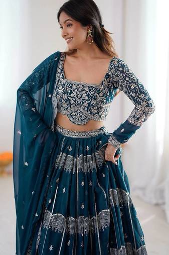 Teal Color Thread Embroidery With Sequin Work Faux Georgette Lehenga Choli Set