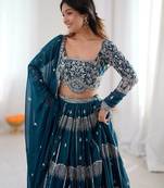 Teal Color Thread Embroidery With Sequin Work Faux Georgette Lehenga Choli Set