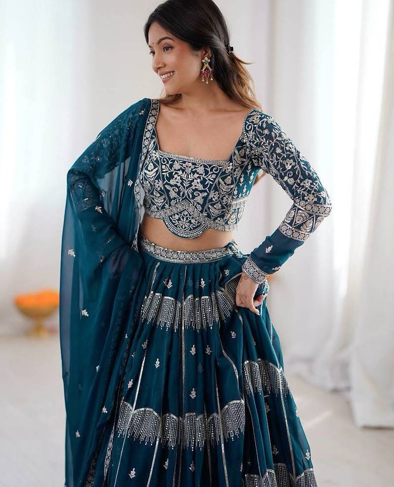 Teal Color Thread Embroidery With Sequin Work Faux Georgette Lehenga Choli Set