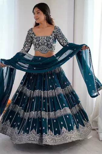 Teal Color Thread Embroidery With Sequin Work Faux Georgette Lehenga Choli Set