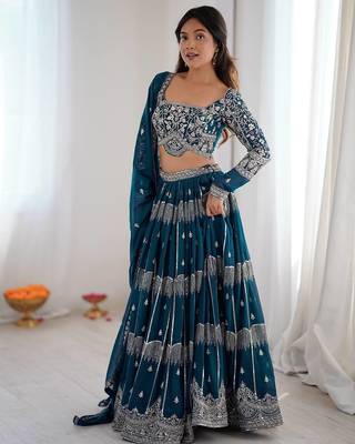 Teal Color Thread Embroidery With Sequin Work Faux Georgette Lehenga Choli Set 3