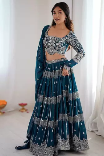 Teal Color Thread Embroidery With Sequin Work Faux Georgette Lehenga Choli Set