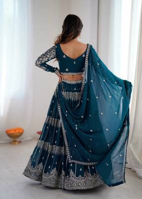 Teal Color Thread Embroidery With Sequin Work Faux Georgette Lehenga Choli Set 4