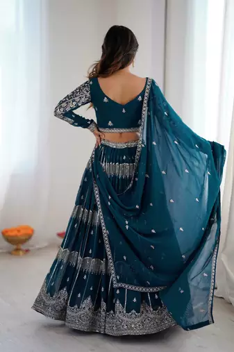 Teal Color Thread Embroidery With Sequin Work Faux Georgette Lehenga Choli Set