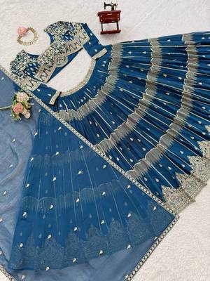 Teal Color Thread Embroidery With Sequin Work Faux Georgette Lehenga Choli Set 5
