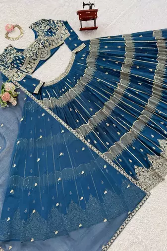 Teal Color Thread Embroidery With Sequin Work Faux Georgette Lehenga Choli Set