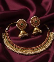Gold plated kemp choker necklace / set with jhumka earrings temple jewelry for weddings