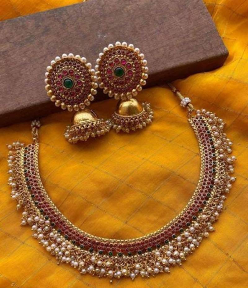 Gold plated kemp choker necklace / set with jhumka earrings temple jewelry for weddings