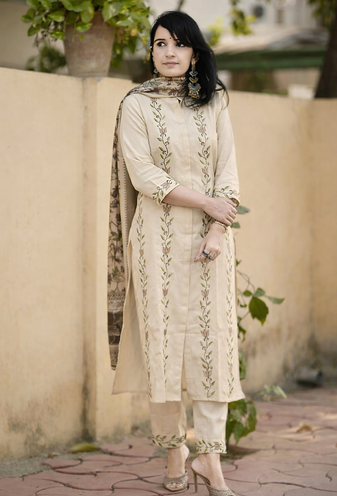 Off-White Floral Embroidered Kurta Pant Set with Printed Dupatta