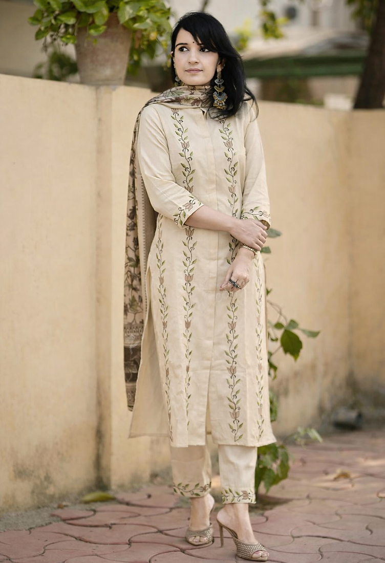 Off-White Floral Embroidered Kurta Pant Set with Printed Dupatta