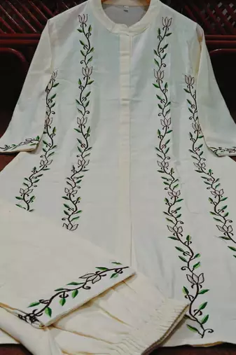 Off-White Floral Embroidered Kurta Pant Set with Printed Dupatta