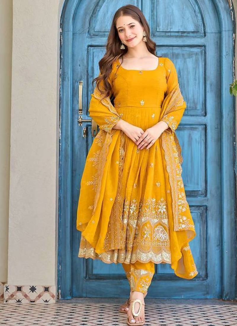 Yellow Color Embroidery With Sequin & Thread Work Top Botton Dupatta Set