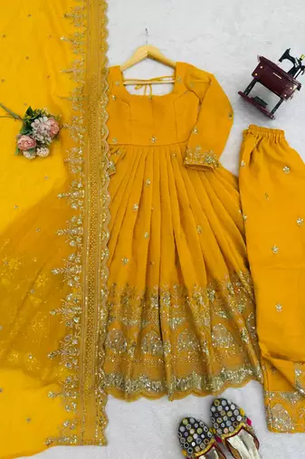 Yellow Color Embroidery With Sequin & Thread Work Top Botton Dupatta Set