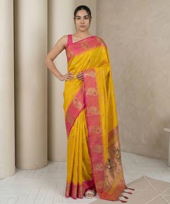 Yellow gold paisley zari motifs rich silk blend fabric elegant festive & wedding wear contrast border 1