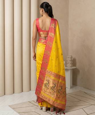Yellow gold paisley zari motifs rich silk blend fabric elegant festive & wedding wear contrast border 2