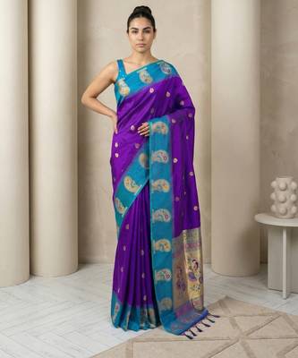 Blue gold paisley zari motifs rich silk blend fabric elegant festive & wedding wear contrast border 1