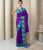 Blue gold paisley zari motifs rich silk blend fabric elegant festive & wedding wear contrast border