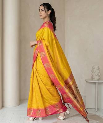 Yellow gold paisley zari motifs rich silk blend fabric elegant festive & wedding wear contrast border 3