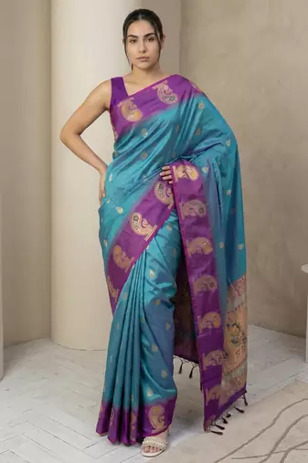 Teal gold paisley zari motifs rich silk blend fabric elegant festive & wedding wear contrast border