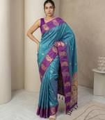 Teal gold paisley zari motifs rich silk blend fabric elegant festive & wedding wear contrast border