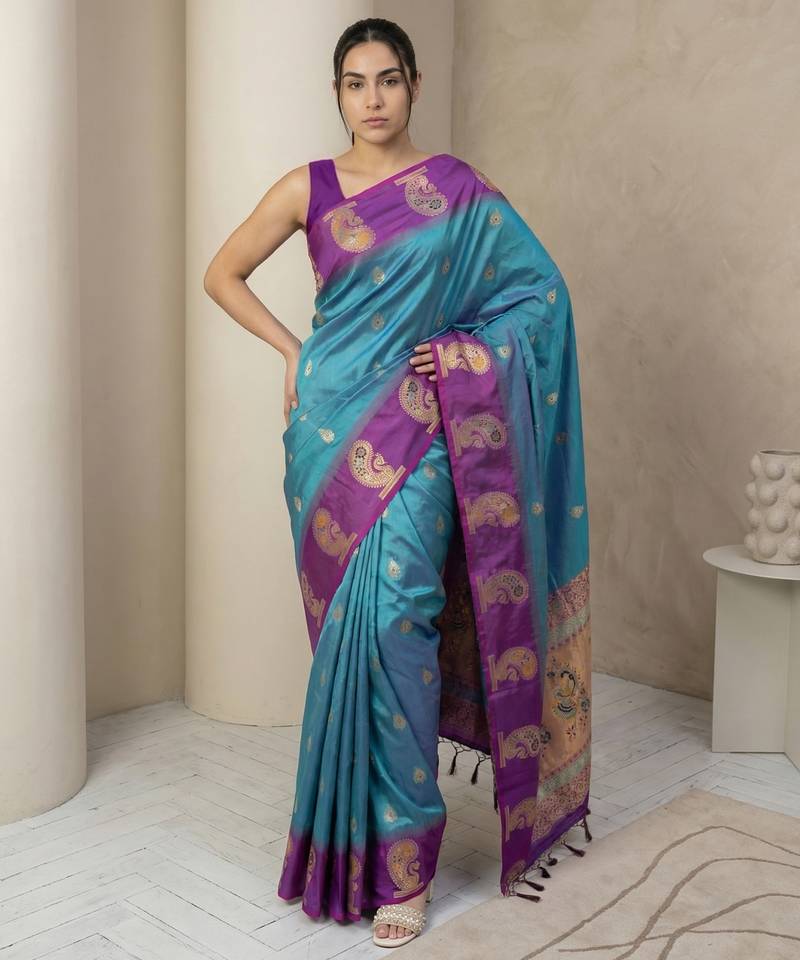 Teal gold paisley zari motifs rich silk blend fabric elegant festive & wedding wear contrast border