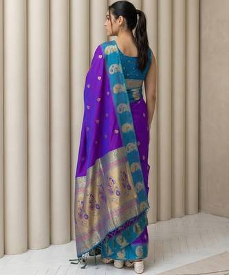 Blue gold paisley zari motifs rich silk blend fabric elegant festive & wedding wear contrast border 2