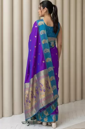 Blue gold paisley zari motifs rich silk blend fabric elegant festive & wedding wear contrast border