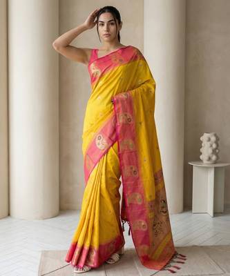 Yellow gold paisley zari motifs rich silk blend fabric elegant festive & wedding wear contrast border 4