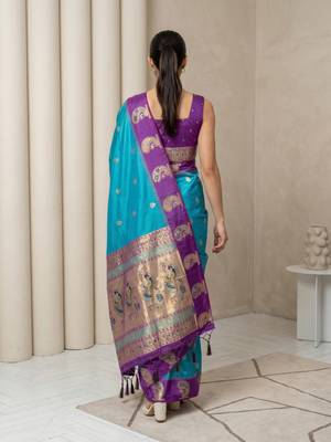 Teal gold paisley zari motifs rich silk blend fabric elegant festive & wedding wear contrast border 2