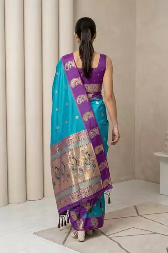 Teal gold paisley zari motifs rich silk blend fabric elegant festive & wedding wear contrast border