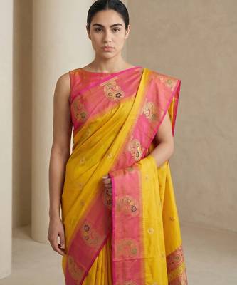 Yellow gold paisley zari motifs rich silk blend fabric elegant festive & wedding wear contrast border 5
