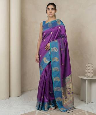 Purple gold paisley zari motifs rich silk blend fabric elegant festive & wedding wear contrast border 1