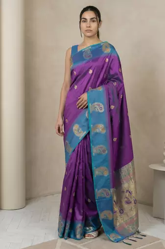 Purple gold paisley zari motifs rich silk blend fabric elegant festive & wedding wear contrast border