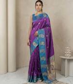 Purple gold paisley zari motifs rich silk blend fabric elegant festive & wedding wear contrast border