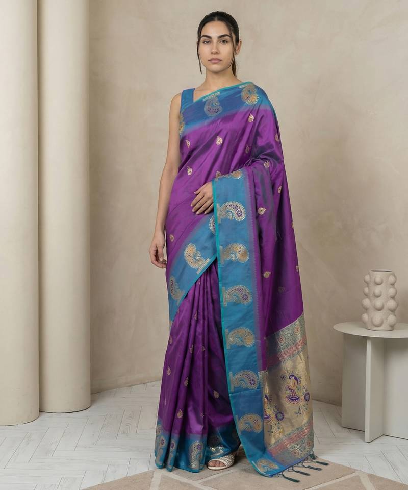 Purple gold paisley zari motifs rich silk blend fabric elegant festive & wedding wear contrast border