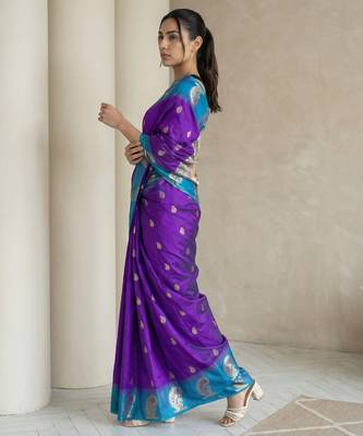 Blue gold paisley zari motifs rich silk blend fabric elegant festive & wedding wear contrast border 3