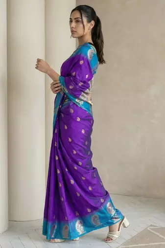 Blue gold paisley zari motifs rich silk blend fabric elegant festive & wedding wear contrast border